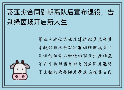 蒂亚戈合同到期离队后宣布退役,告别绿茵场开启新人生 蒂亚戈合同到期离队后宣布退役,告别绿茵场开启新人生